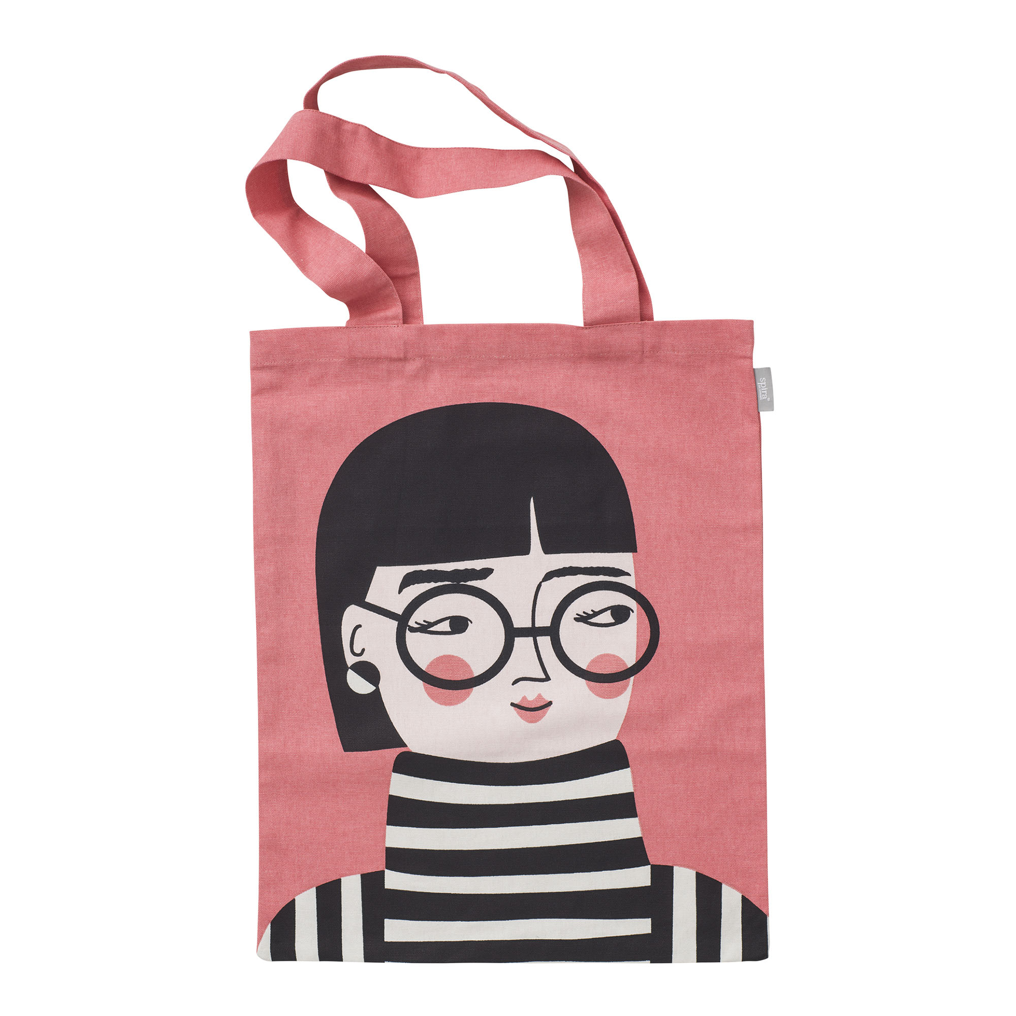 pinker beutel mit dame schwarze kurze haare mit runder brille