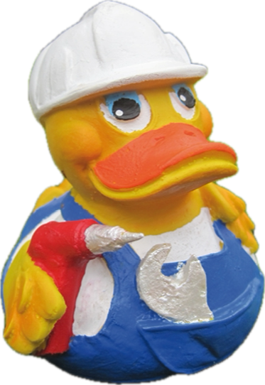 Hör mal wer da hämmert Quitscheente mit Latzhose und Bohrmaschine