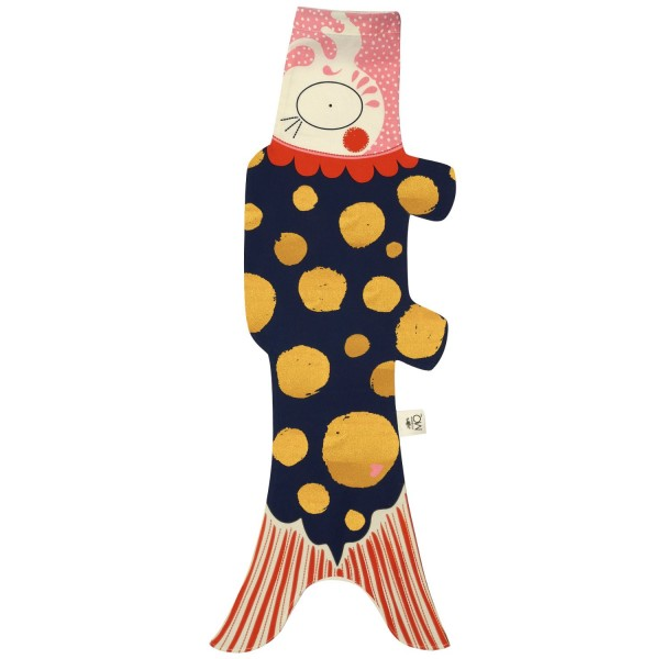 dekorativer koikarpfen in dunkelblau, etwas rot und goldene kreise größe S