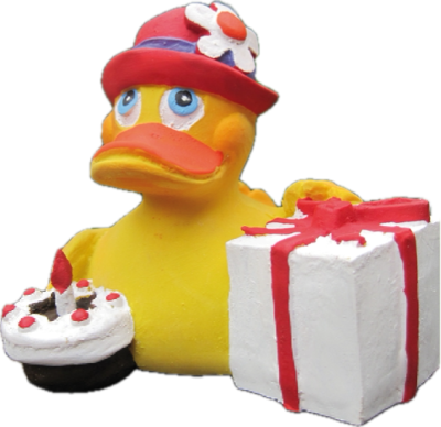 Quitscheente mit Torte und GEschenk